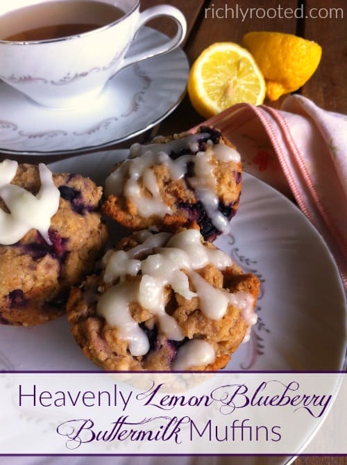 These lemon blueberry buttermilk muffins are sweet and moist, with a tart lemon glaze. Perfect muffins to serve with breakfast or tea! #BlueberryMuffins
