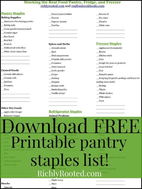 Free Printable Pantry Staples List from RichlyRooted.com