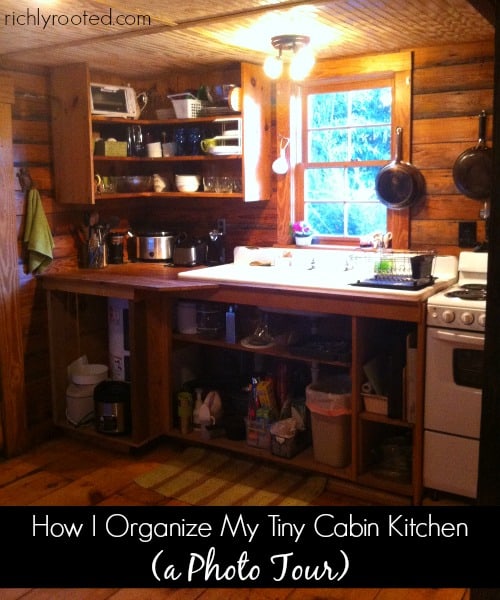 A photo tour of a cute cabin kitchen! Check out how we maximize space and store supplies--even without kitchen drawers!