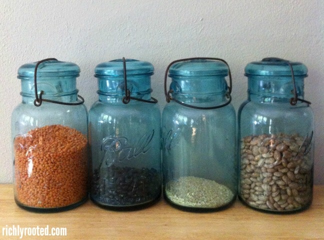 Store beans, rice, and other grains and legumes in vintage blue jars for a pretty look.