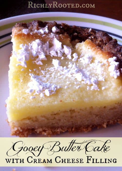 This gooey butter cake is completely from scratch, with a cream cheese filling. It's lightly crispy on the edges and deliciously chewy as you get further in.