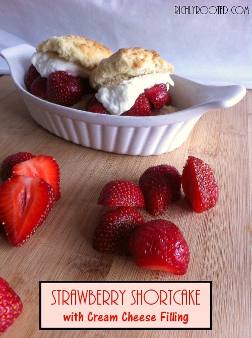 These strawberry shortcakes are richer and more dense than a regular biscuit, thanks to the addition of an egg, and the addition of sugar (or maple syrup) makes them sweet! Beating cream cheese into the whipped cream is an unexpected twist that you can surprise your family with!