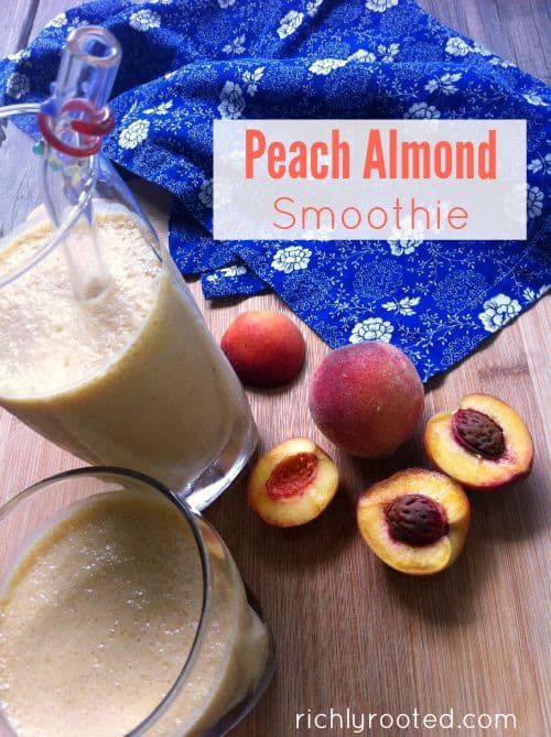 Peach almond smoothie sweetened with raw honey...you can't go wrong with this combination! Use kefir or yogurt for probiotics and extra creaminess, and thin with buttermilk. #PeachRecipe #SmoothieRecipes