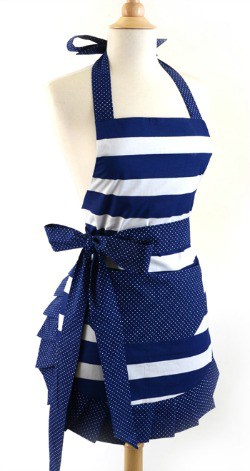 blue and white apron