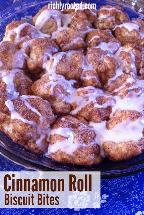 These Cinnamon Roll Biscuit Bites are light and fluffy with just the right amount of buttery sweetness. You can have them in your mouth in 30 minutes, easy. They taste AMAZING!! #CinnamonRollRecipes #BiscuitRecipes #EasyBreakfast #Brunch