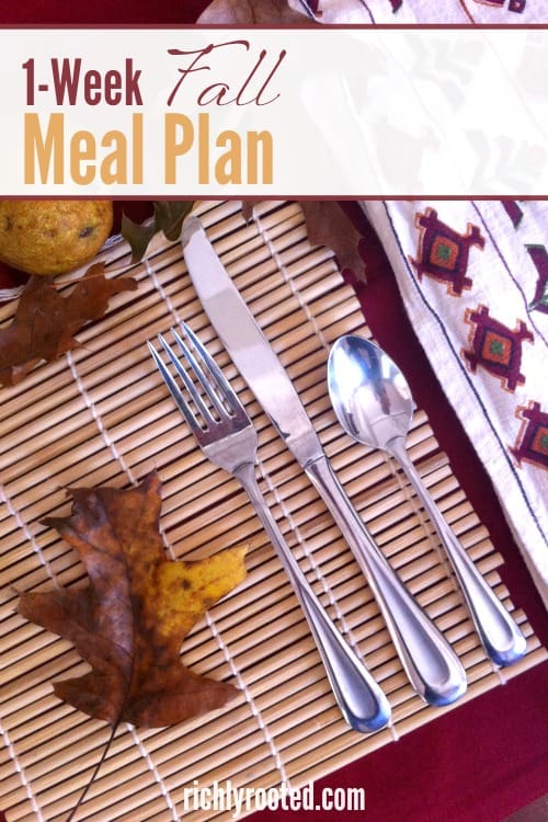 Savor autumn flavors with this hearty, seasonal fall meal plan! You'll find ideas for easy fall breakfasts, lunches, and suppers--all cooked from scratch with clean ingredients! #MealPlan #FallFood