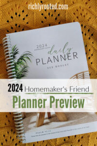 Homemaker's Friend 2024 Daily Planner - coil bound half-size book with green, brown, and white color scheme